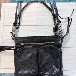 MZ Wallace Black Perforated Leather Crossbody with Dual Front Pockets